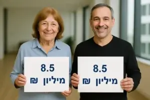 שני זוכים בהגרלת הלוטו מחזיקים שלטים עם זכייה של 8.5 מיליון שקלים